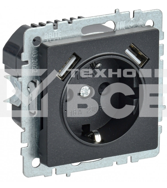 Розетка 1-местная IEK BRITE РЮш10-2-БрЧ (BR-R14-16-U21-D31-K02) с заземлением, с защитными шторками, 16А, с USB A+A 5В 3,1А, черный