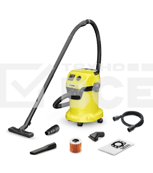 Строительный пылесос Karcher WD 3 P V-17/4/20 Workshop желтый, 1000 Вт, уборка сухая/сбор воды/выдув, пылесборник мешок/контейнер, 17 л