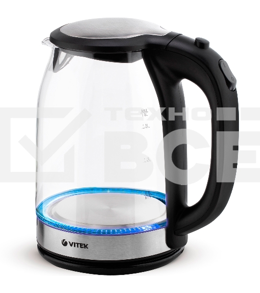 Чайник электрический 7095-VT(TR) Vitek Мощность 2200 вт.Объем 1,8 л.Материал корпуса термостойкое стекло.