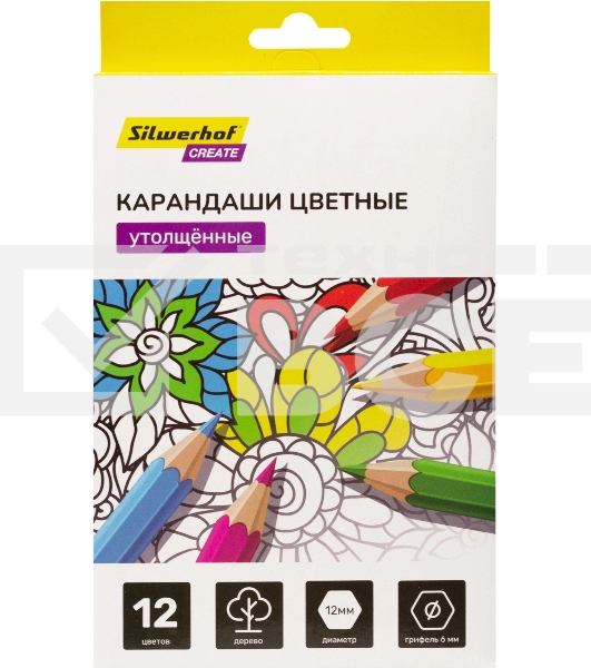 Карандаши цветные Silwerhof Create Jumbo 6мм, шестигранный профиль, дерево, ассорти, 12 цветов, коробка с европодвесом