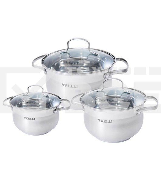 Набор посуды KELLI KL-4209 6 пред. Кастрюля с жаропрочной стекл. крышкой 2.1 л. Кастрюля с жаропрочной стекл. крышкой 3 л. Кастрюля с жаропрочной стекл. крышкой 4 л. Высококачественная нерж. сталь 18/10. 5-ти слойное капсульное дно.