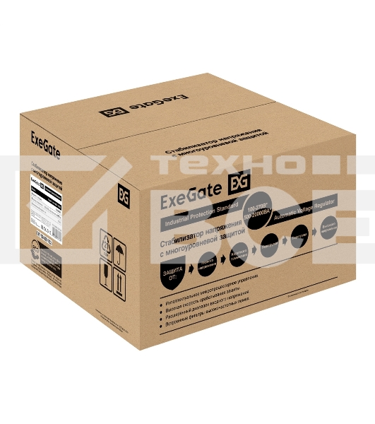 Стабилизатор напряжения ExeGate Expert Turbo AST-10000 (10000ВА, вход 80-260В, цветной дисплей, выход 220В±8%, КПД 98%, 5 уровней защиты, задержка, усиленный метал. корпус, 2*Schuko+клем.колодка, RTL)