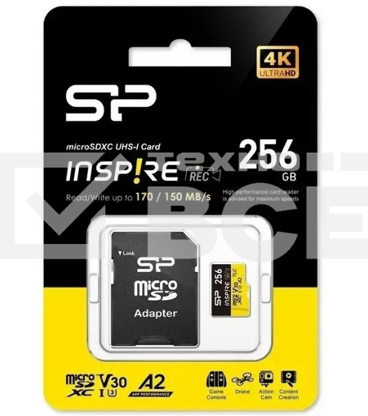 Флеш карта microSDXC 256Gb Silicon Power SP256GbSTXLA2V1NSP Inspire V30 A2 + adapter