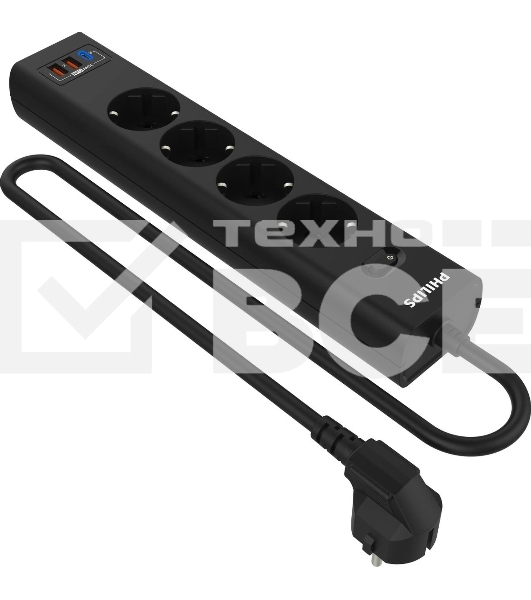 Сетевой фильтр Philips CHP8246BA/51, 2м, 4 розетки, черный