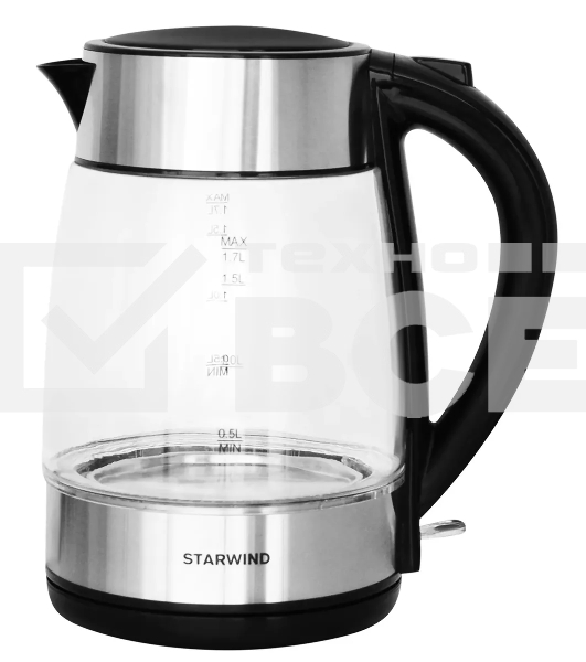 Чайник электрический Starwind SKG3026 1.7л. 2200Вт черный/серебристый (корпус: стекло)