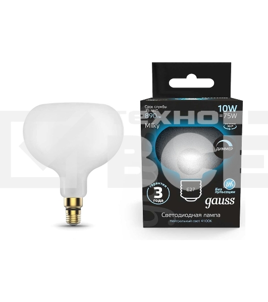 Лампа cветодиодная Gauss Filament А190 10W 890lm 4100К Е27 milky диммируемая LED