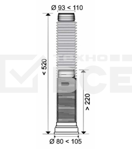 Труба для унитаза гофрированная L 250-460 мм D110 мм