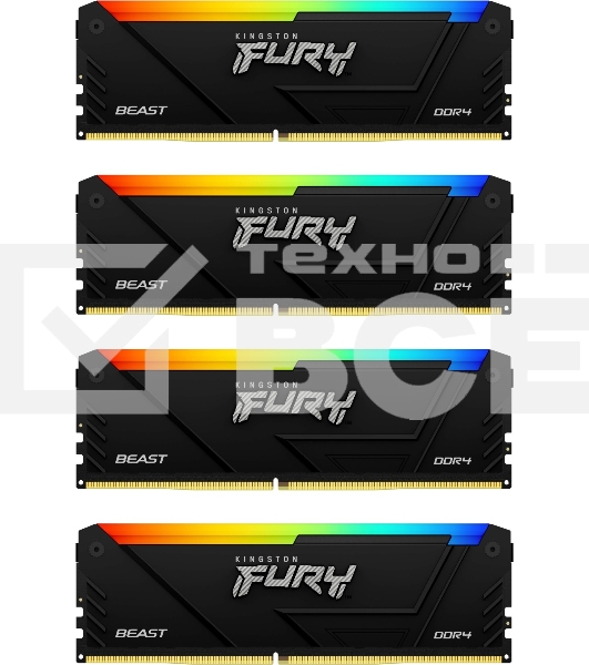 Оперативная память Kingston Fury Beast, DDR4, 128GB (4x32GB), 3600MHz, CL18, DIMM, RGB, радиатор, чёрный