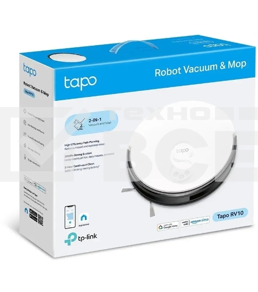 Робот-пылесос TP-Link Tapo RV10 белый/черный, 25 Вт, 2600 мАч Li-Ion, уборка влажная/сухая, пылесборник контейнер 0.4 л
