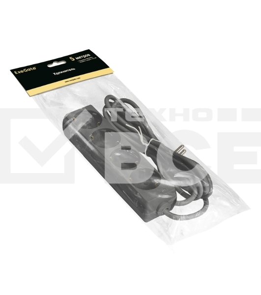 Удлинитель ExeGate ECE-4-5B (EX285816RUS), черный, 5 м, евровилка с заземлением, 4 евророзетки с заземлением, 2200 Вт
