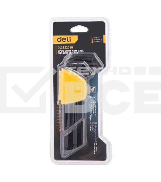 Набор шестигранных ключей с шаром удлиненных Deli DL232209H 9 шт Материал CR-V. Спецификация: 1,5,2,2,5,3,4,5,6,8,10мм, пластиковый держатель