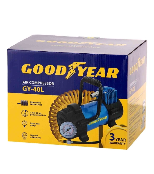 Компрессор GOODYEAR GY-40L GY000111 40 л/мин со съемной ручкой Воздушный компрессор Goodyear GY-40L 40 л/мин со съемной ручкой, съемный витой шланг, сумка для хранения
