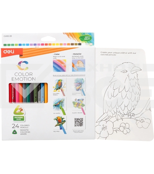 Карандаши цветные Deli EC00220 Color Emotion, трехгранный профиль, липа, 24 цвета, коробка с европодвесом (24шт)