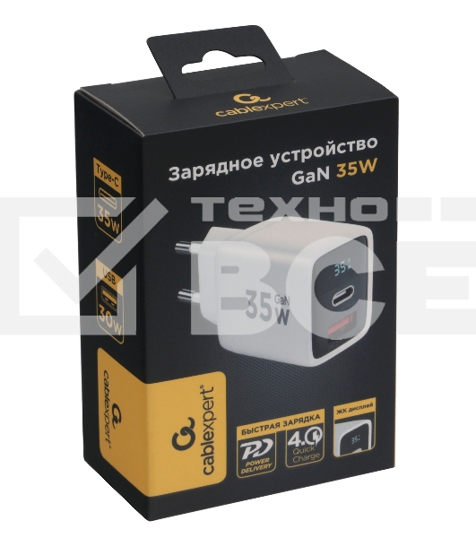 Зарядное устройство с дисплеем Cablexpert MP3A-PC-52, 35Вт GaN, QC3.0/PD3.0, 1хUSB, 1хType-C, белый, коробка