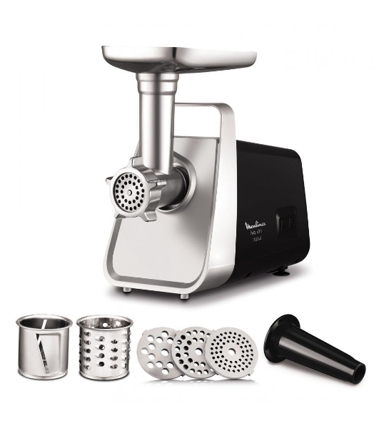 Мясорубка электрическая Moulinex ME306832 черный, 1600 Вт, 1.9 кг/мин, реверс, защита от перегрузки, металлический лоток, насадки - 6