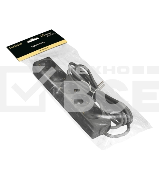 Удлинитель ExeGate ECE-5-1.8B (EX285819RUS), черный, 1,8 м, евровилка с заземлением, 5 евророзеток с заземлением, 2200 Вт