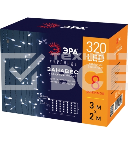 Гирлянда светодиодная новогодняя ЭРА ЕNIGW - 320W Занавес 8 режимов 3*2 м холодный белый 320 LED IP20