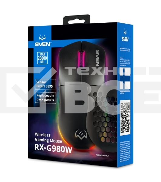 Мышь беспроводная SVEN RX-G980W черная (6+1кл. 50-26000 DPI, ПО, RGB-подсветка, игров. упак)
