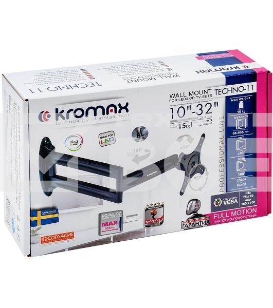 Кронштейн для телевизора Kromax TECHNO-11 черный 10'-32' макс.15кг настенный поворот и наклон