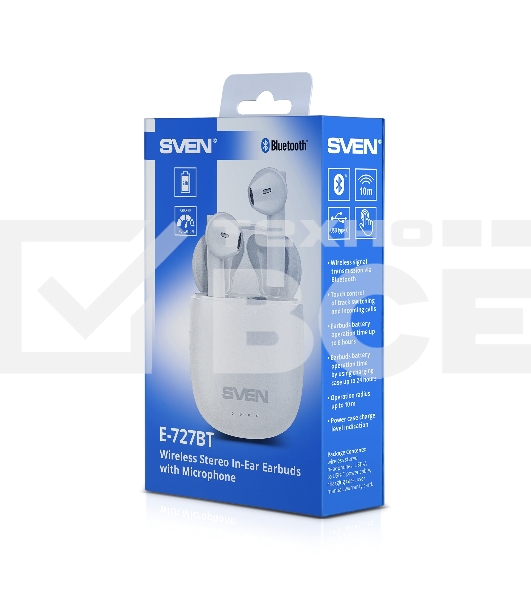 Наушники беспроводные внутриканальные с микрофоном SVEN E-727BT белый Bluetooth