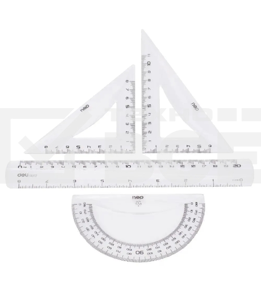 Набор линеек Deli Pioneer EG00412, пластик, прозрачный, в комплекте: линейка 20 см/треугольник 2 шт/транспортир, европодвес