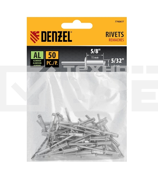 Заклепки алюминиевые Denzel, 5/32'-5/8', 4 х 15 мм, 50 шт.