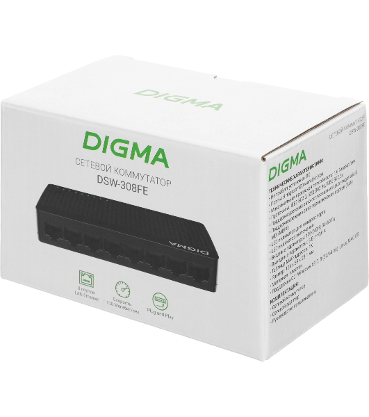 Коммутатор Digma DSW-308FE, 8×100 Мбит/с, неуправляемый