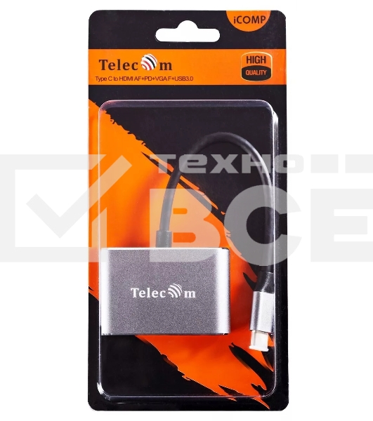 Кабель-концентратор USB3.1 TypeCm -->HDMI+USB3.0+PD+VGA Alum Grey 4K@30Hz, Telecom<TUC055>