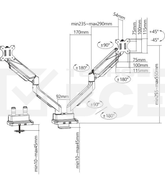 Кронштейн для мониторов Ultramounts UM718 серый 17'-35' макс.15кг крепление к столешнице поворот и наклон