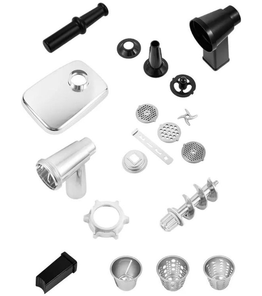 Мясорубка электрическая Kitfort КТ-2104 серебристый, 1800 Вт, 2.3 кг/мин, реверс, насадки - 8