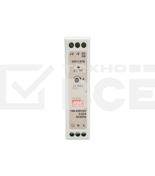 Блок питания AC-DC, 20Вт, вход 85-264V AC, 47-63Гц,120-370В DC, выход 12В,0-1,67A, рег. вых=±10%Uном, в кожухе на DIN-рейку