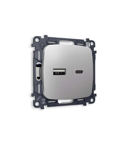Комплект механизма розетки OMEGA Сталь матовый 2USB A+C 20W 3000mA (быстрая зарядка) QUANT (OP5110, VM177) MO511010
