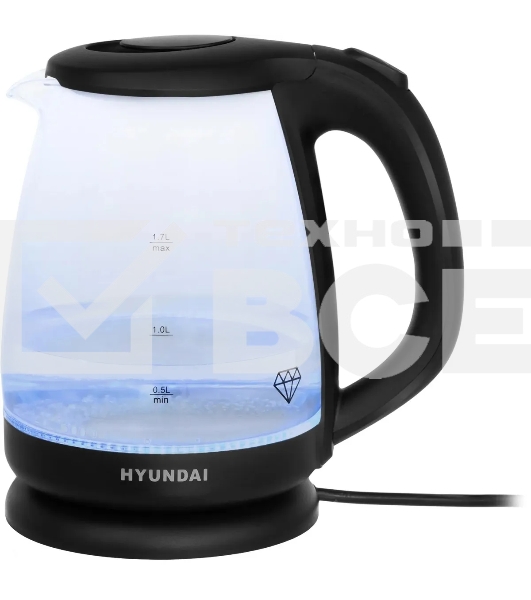 Чайник электрический Hyundai HYK-G1001 1.7л. 2200Вт черный (корпус: стекло)
