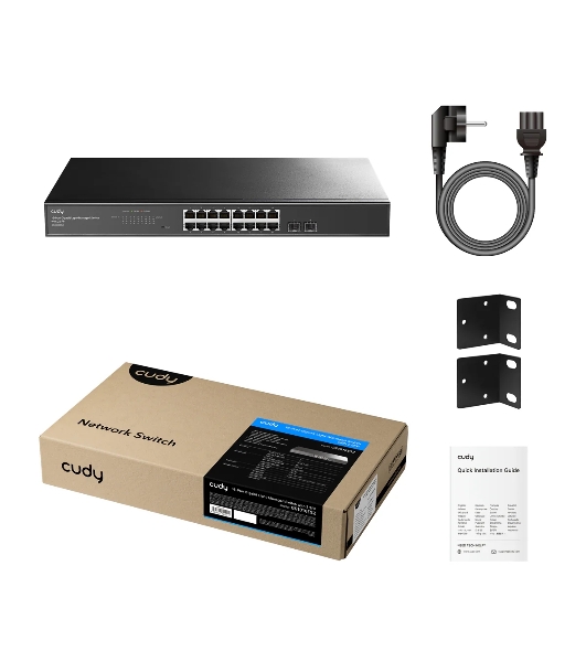 Коммутатор CUDY GS1016ES2, 16×1 Гбит/с + 2×1 Гбит/с SFP, настраиваемый