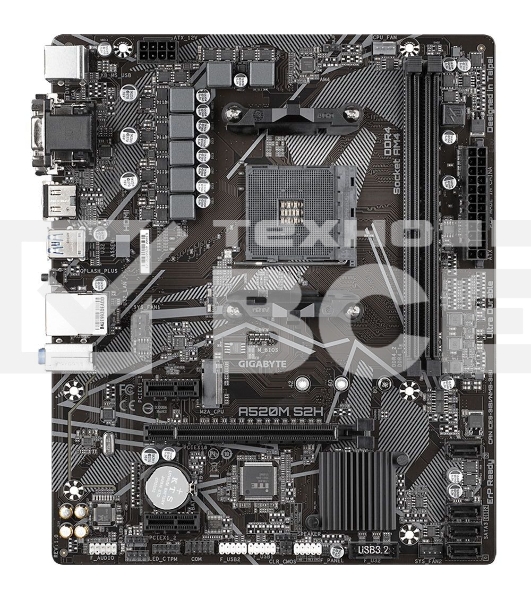 Материнская плата Gigabyte A520M S2H, AM4, AMD A520, 2xDDR4, 4xSATA, 1xM.2, 1xPCIe 3.0 x16, 2xPCIe x1, 1xHDMI, 1xDVI-D, 1xVGA, 1x 1Gb LAN, 4xUSB-A 3.2 Gen 1, 2xUSB-A 2.0, 3x3.5 мм, 7.1, mATX