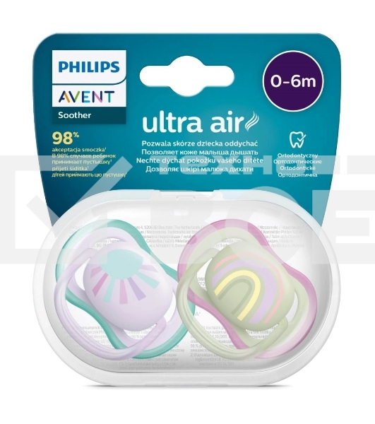 Пустышка Philips Avent ultra air, солнышко/радуга, для девочек, 0-6 мес., 2 шт.