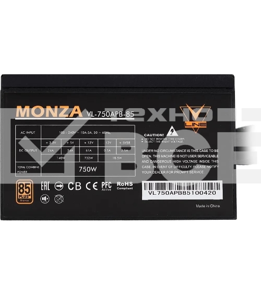 Блок питания Aerocool/Formula ATX 750W MONZA VL-750APB-85 80+ bronze (24+4+4pin) APFC 120мм fan 7xSATA RTL