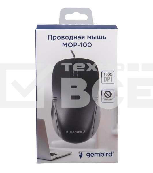 Мышь проводная Gembird MOP-100 черный, 1000 dpi, USB, кнопки - 3