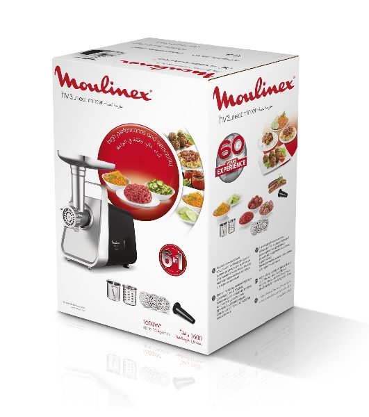 Мясорубка электрическая Moulinex ME306832 черный, 1600 Вт, 1.9 кг/мин, реверс, защита от перегрузки, металлический лоток, насадки - 6