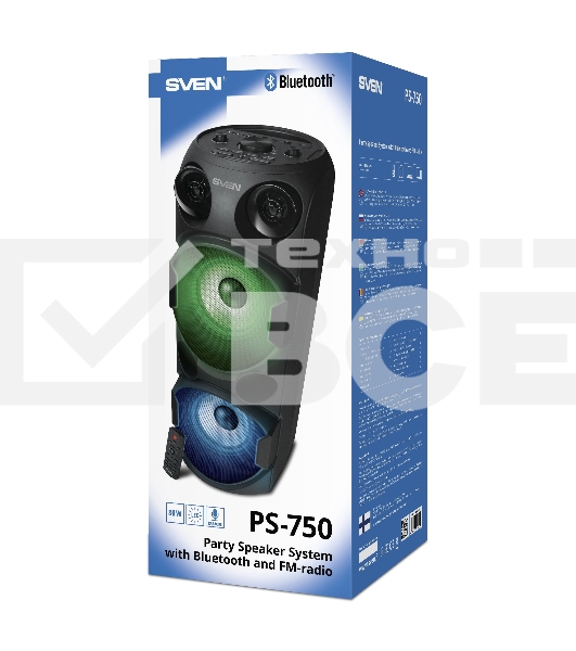 Колонка АС Sven PS-750, черный (80 Вт, TWS, Bluetooth, FM, USB, microSD, LED-дисплей, 2х4400мА*ч)