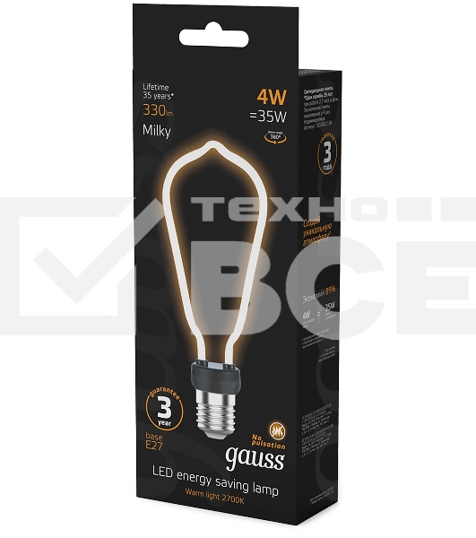 Лампа светодиодная Gauss Filament 4Вт цок.:E27 трубка 220B св.свеч.бел.теп. (упак.:10шт)