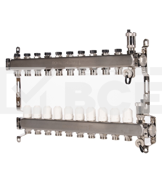 Коллектор Royal Thermo нерж. в сборе универсальный 1' ВР-3/4' НР с автомат. воздухоотвод-ми 10 вых.