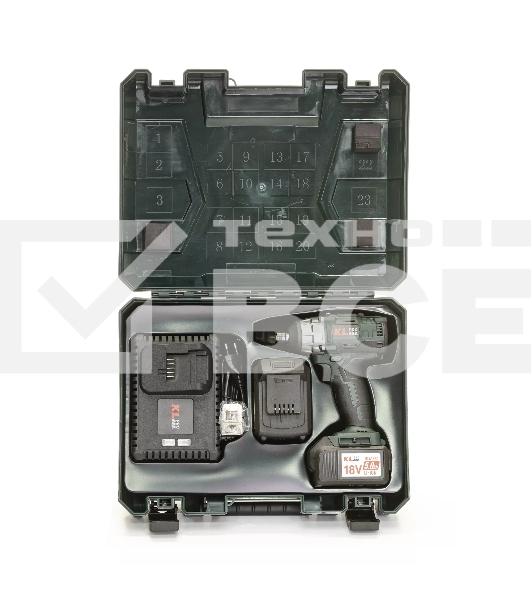 Профессиональный бесщеточный винтоверт аккумуляторный KLPRO KLDV18B-50 (18В, Li-ion-2шт, 5.0Ач, 180Нм, 2 скорости, подсветка,З/У,в кейсе)
