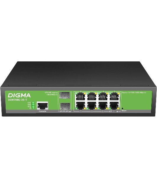 Коммутатор Digma DSW708G-2S-T, 8×1 Гбит/с + 2×1 Гбит/с SFP, управляемый