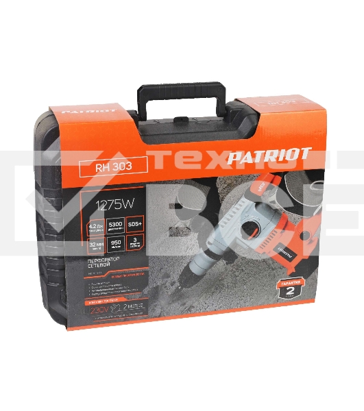 Перфоратор PATRIOT RH 303, SDS+, мощность 1275 Вт, 4.2 Дж, 3 режима работы, макс.диаметр 26мм, глубиномер, кейс