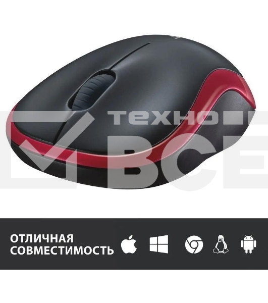 Мышь беспроводная Logitech M185, красный, 1000 dpi, радиоканал, USB, кнопки - 3