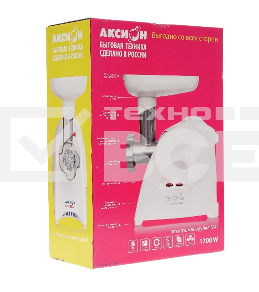 Мясорубка электрическая Аксион М41.02 белый, 1700 Вт, 2.0 кг/мин, реверс, защита от перегрузки, насадки - 8