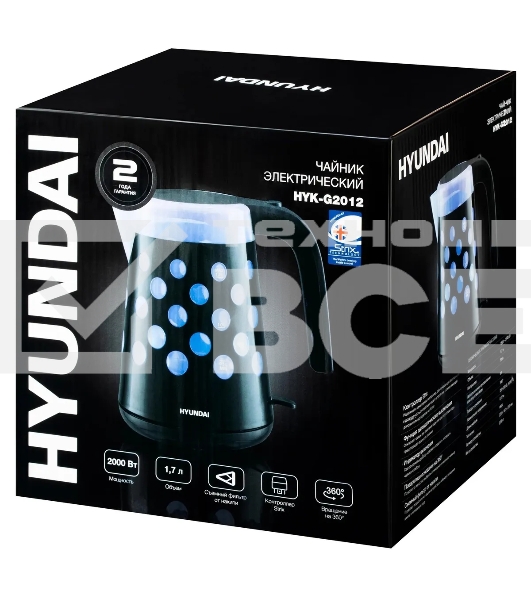 Чайник электрический Hyundai HYK-G2012 1.7л. 2200Вт черный/прозрачный (корпус: пластик)