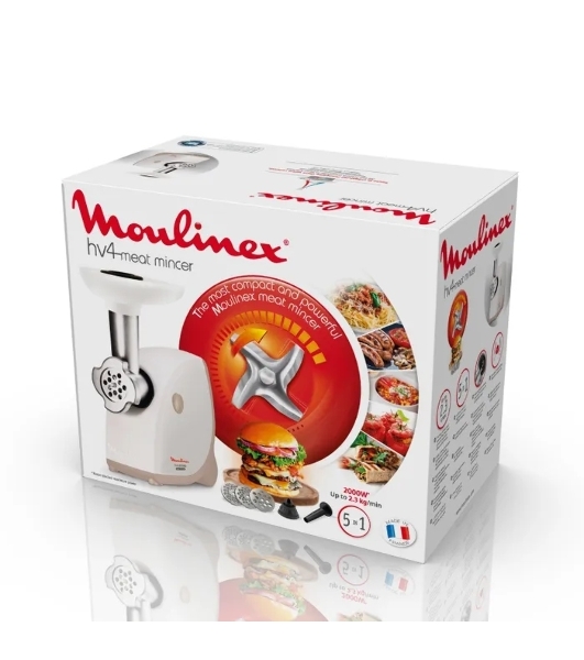 Мясорубка электрическая Moulinex ME462132 белый, 2000 Вт, 2.3 кг/мин, защита от перегрузки, насадки - 5