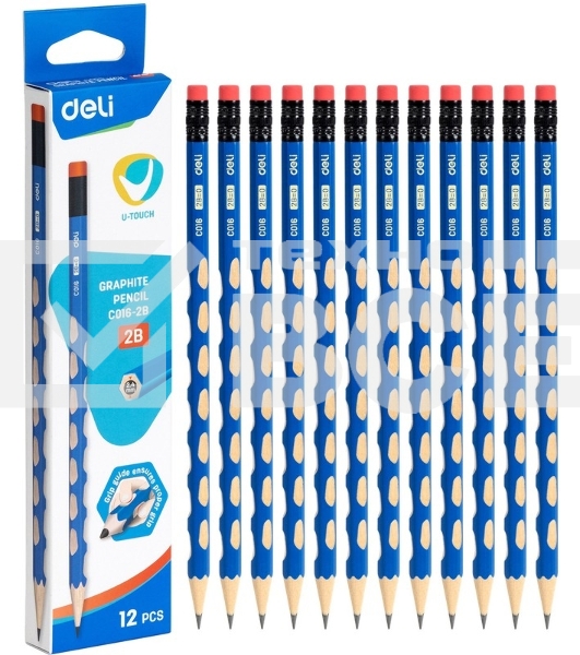 Карандаш чернографитный Deli EC016-2B U-Touch 2B, трехгранный, (12шт) ластик